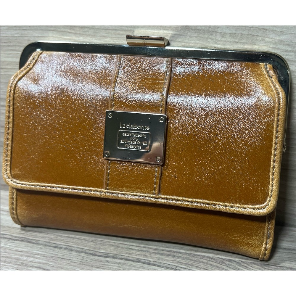 Liz Claiborne Brown Wallet Kiss Lock Coin Purse Bifold Card Holder Leather VTG‎